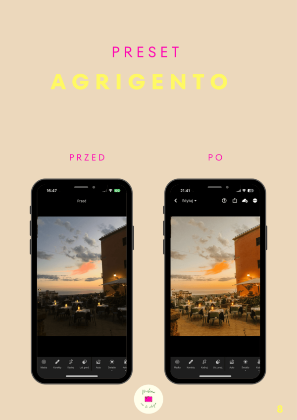 zdjęcie przed i po użyciu presetu Agrigento, przedstawia zdjęcia zachodu słońca